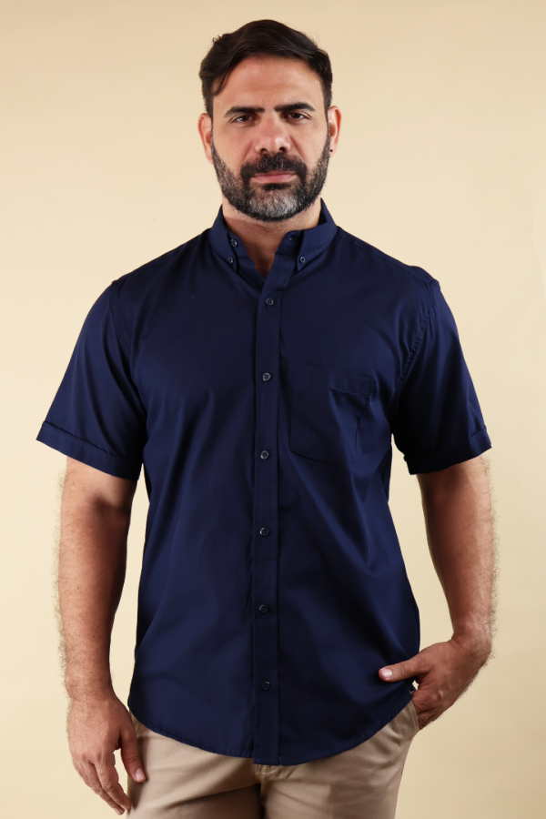 Camisa de Vestir Casual Uniforme Manga Corta Azul Marino para Hombre